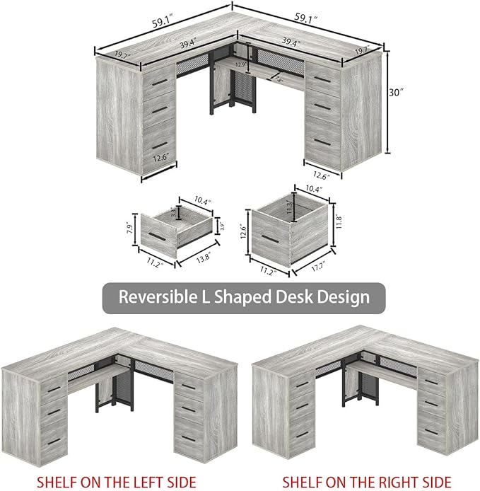 HSH Large L Shaped Desk with Storage File Cabinet，Corner L-Shaped Computer Desk with Drawers Shelves, Home Office Bedroom Metal Wood Study Writing Table Executive Workstation, Light Grey Oak, 59 Inch