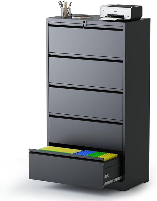 AQY 5 Drawer File Cabinet with Lock,Metal Lateral File Cabinets for Home Office,Steel Wide Filing Organization Storage Cabinets for Hanging Files Letter/Legal/F4/A4 Size,Assembly Required(Black)