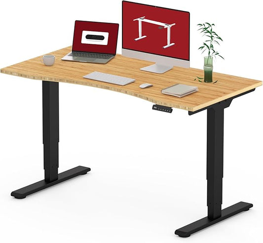 Height Adjustable Standing Desk 3 Stages Dual Motor Stand Up 48” Whole-Piece Bamboo Desktop Computer Desk, Electric Sit-Stand for Home Office(Black Frame/ 48” x 24” Curved Natural Bamboo Top)