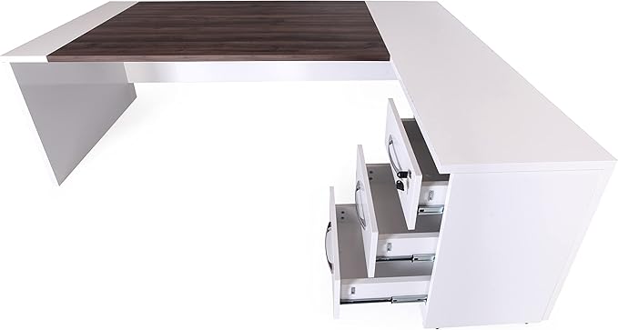 Leon 87" Wood Executive Large Desk for Home Office | Executive Right Side L Shaped Corner Desk & File Drawers w/Telescopic Rail | Modern Business Furniture | White & Brown
