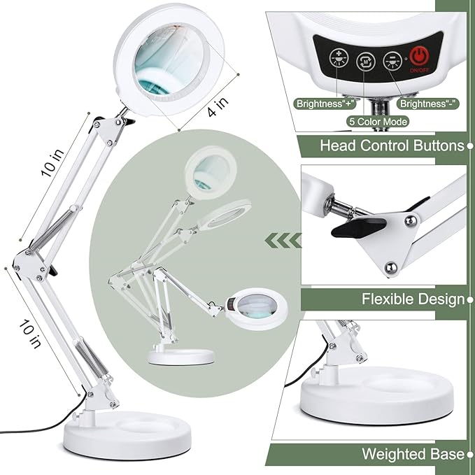 10X Magnifying Glass with Light and Stand, Upgrade Button 5 Color Modes Stepless Dimmable, 2-in-1 LED Lighted Magnifier Light, Hands Free Desk Lamp with Clamp for Craft Hobby Close Work - White