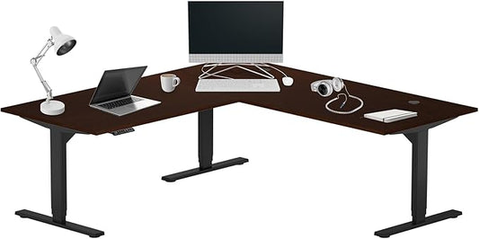 Progressive Desk Height Adjustable Electric Standing Desk - L Shaped 72" x 72" Computer Stand Up Rising Workstation Corner Table - Black Frame, Roasted Walnut Top