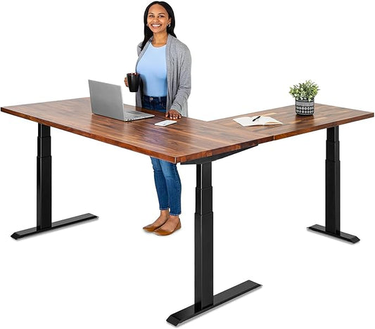 S STAND UP DESK STORE Triple Motor Electric L-Shaped Corner Standing Desk with EZ Assemble Frame (Black Frame/Solid Walnut Top, 71 inch W x 71 inch D)