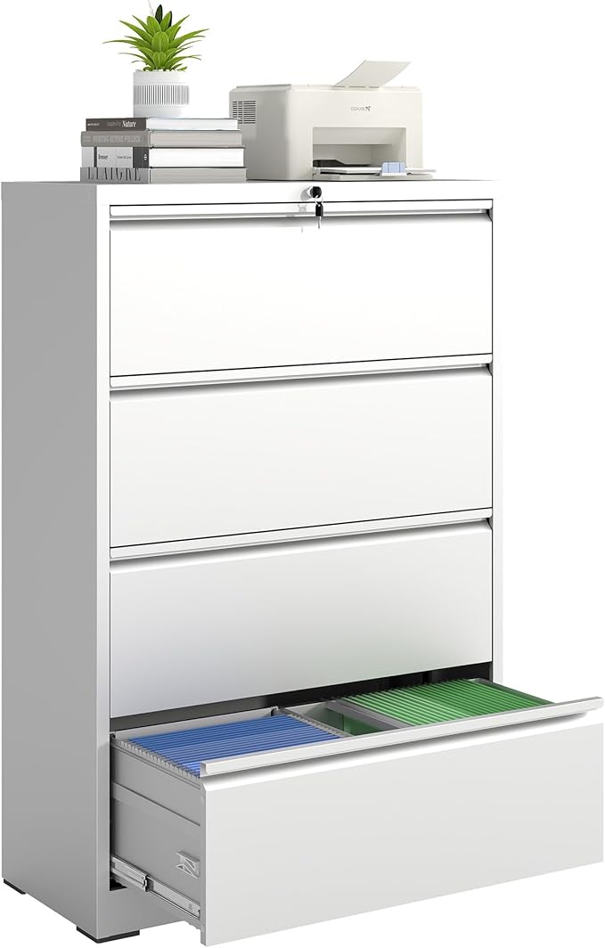 4 Drawer File Cabinet with Lock, Lateral Filing Cabinets,Metal Storage Filing Cabinets for Home Office, Heavy Duty File Cabinet for Letter/Legal/A4/F4 Size Amssebly Required, White