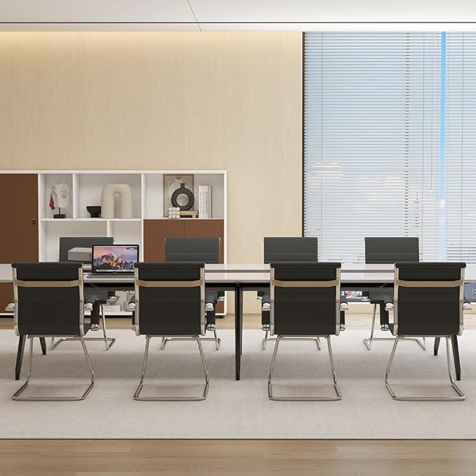 Wahson Office Guest Chairs Set of 8, Leather Reception Chairs, Mid Back Waiting Room Chair, Conference Chairs with Sled Base, Desk Chair No Wheels for Meeting/Lobby/Restroom, Black