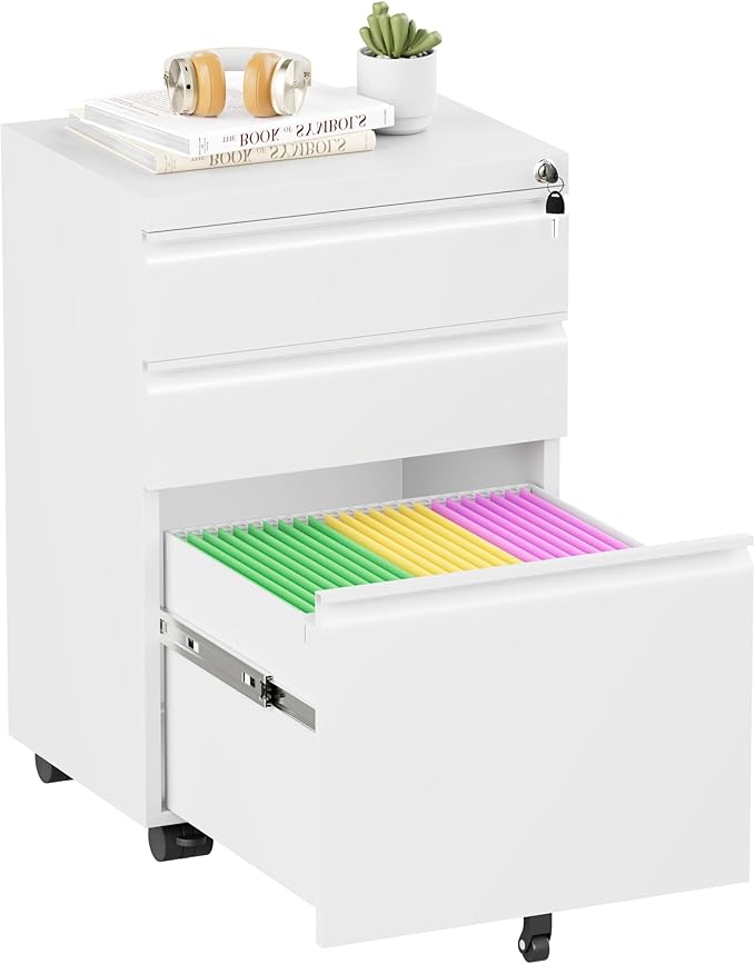 Superday White 3 Drawer Mobile Locking File Cabinet, Metal Rolling Vertical Filing Cabinet with Drawers, Small Under Desk File Cabinets for Office and Home, Fully Assemble
