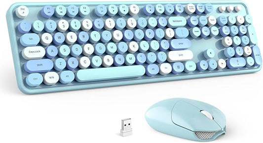 Wireless Keyboard and Mouse Combo - GEEZER Sky Blue Full-Sized Colorful Keyboard 104 Keys - USB 2.4 G Receiver Plug Play with Round Keycap Typewriter Keyboards, for Windows, PC, Laptop, Desktop