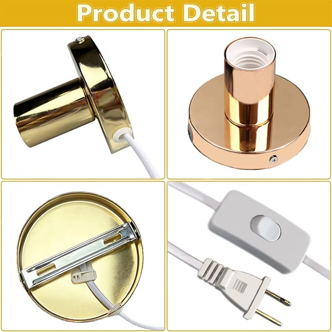 Industrial Table Lamp Base,Small Polished Metal Desktop Light Sockets Base Only,Vintage E26/E27 Edison Screw Light Bulb Holder Base,with 6ft Cord Switch Plug Bulb Base Holder（Golden）