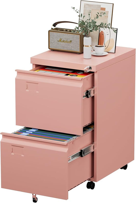 2 Drawers Metal File Cabinet with Lock, Under Desk Mobile Filing Storage Cabinet with Business Card Slot for Letter/Legal/F4/A4 Size Folders,Required Assembly,14.57"W x 17.36"D x 25.79"H,Pink
