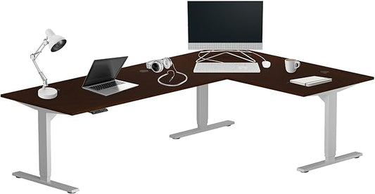 Progressive Desk Stand Up Height Adjustable Standing Desk - L Shaped 83" x 55" Corner Computer Rising Workstation Electric Table - Gray Frame, Roasted Walnut Top