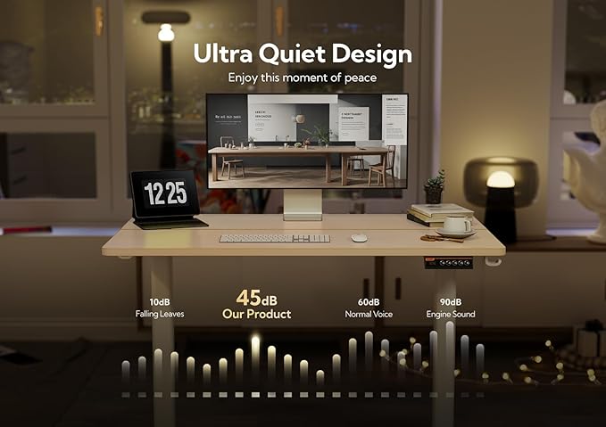 Claiks Electric Height Adjustable Stand Up Desk, 35x20 Inches Sit Stand Desk for Home Office, Nature Top/White Frame