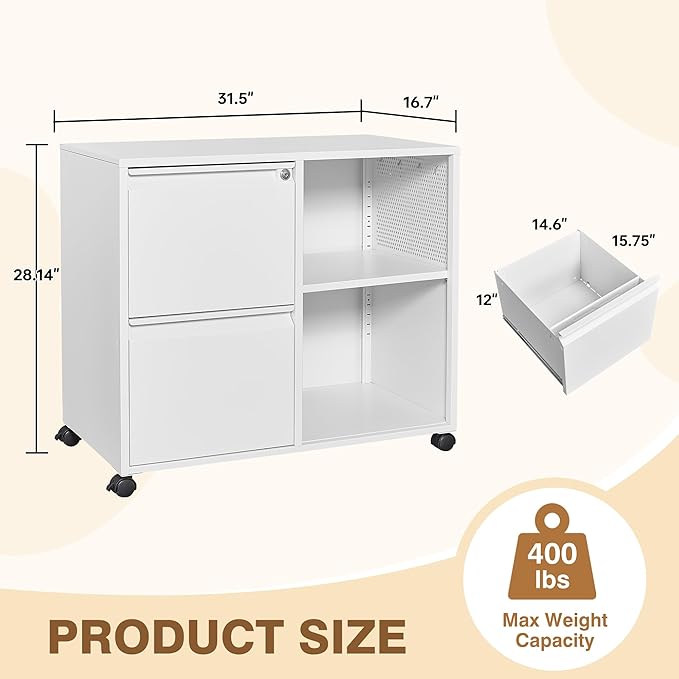 Lateral 2 Drawer Filing Cabinet with Lock, Mobile File Cabinet on Wheels, Printer Stand with Storage for Legal/Letter/A4 File Folders(White)