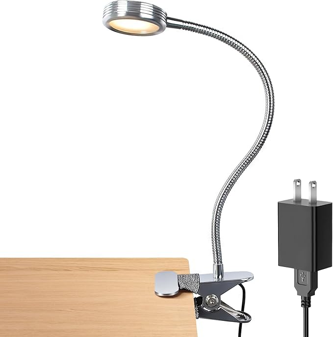 LEPOWER Clip on Light/Reading Light/Book Lights/Desk Lamp Color Changeable/Night Lights Clip on for Desk, Bed Headboard and Computers, Adapter Included, Silver