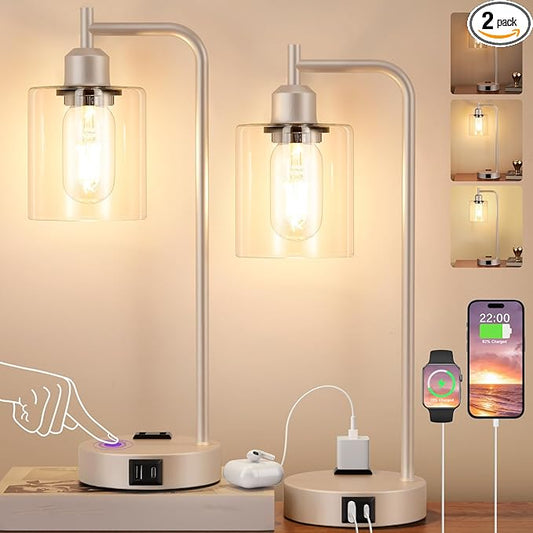 Industrial Touch Table Lamps for Bedrooms Set of 2 - 3-Way Dimmable Lamps with USB C+A Ports and Outlet, Champagne Gold Bedside Lamps with Clear Glass Shade for Living Room, Desk Lamps for Home Office