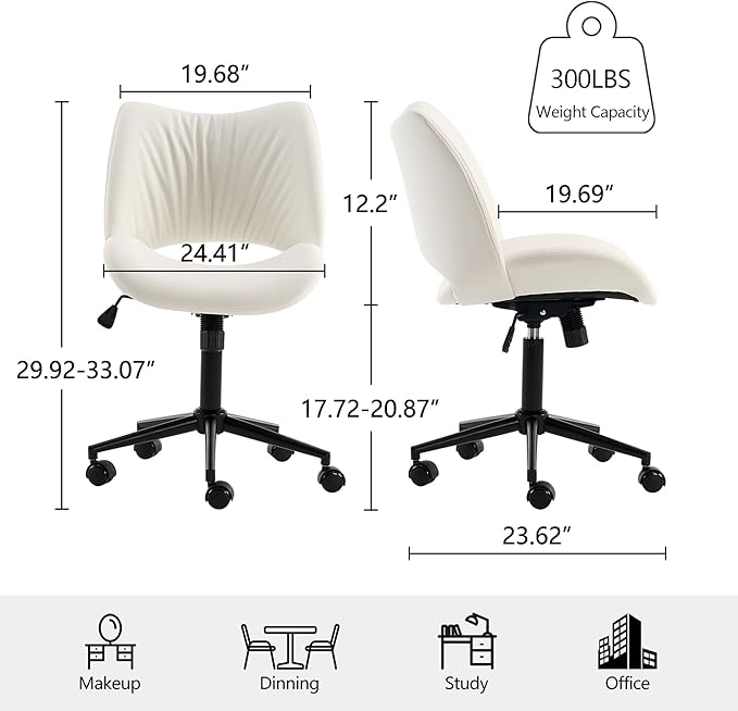 Rowill Armless Office Desk Chair, Ergonomic PU Leather Modern Task Chair with Back Adjustable Height, 360° Swivel Vanity Chairs with Wheels for Small Space, Home Office, Bedroom, White