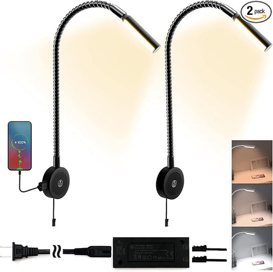 VST Books Lights for Headboard, Bedside Wall Mounted Reading Lamp, Reading Light Touch to Adjust Color Temp (3000K/4000K/6000K) and Brightness, USB/Type-C Charging Ports, 20W Driver, ETL-Listed
