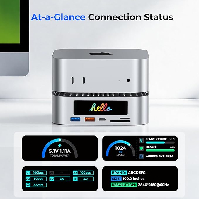 RayCue All-in-One Dock for Mac mini M4 with Smart Displays, NVMe/SATA SSD Enclosure, 4K60Hz HDMI, 10G USB-A/C, 5G USB-A*2, USB-C Charging, SD/TF, Audio – Mac mini M4 HUB &Docking Station(2024)