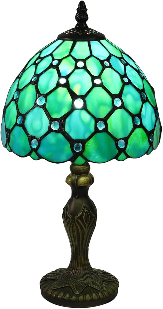 Tiffany Style Small Table Lamp,Green Beads Stained Glass 3 Color Temperature Antique Table Lamps,Bedside Nightstand Lamp for Bedroom,Living Room,Home Office, Include LED Bulb,8X8X15Inch