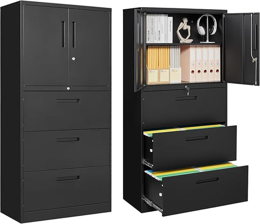 Vertical/Horizontal File Cabinet - 3-Drawer, Locking Metal Cabinet for Home Office, Storage for Legal/Letter/A4 Files - Assemble Required (Black)
