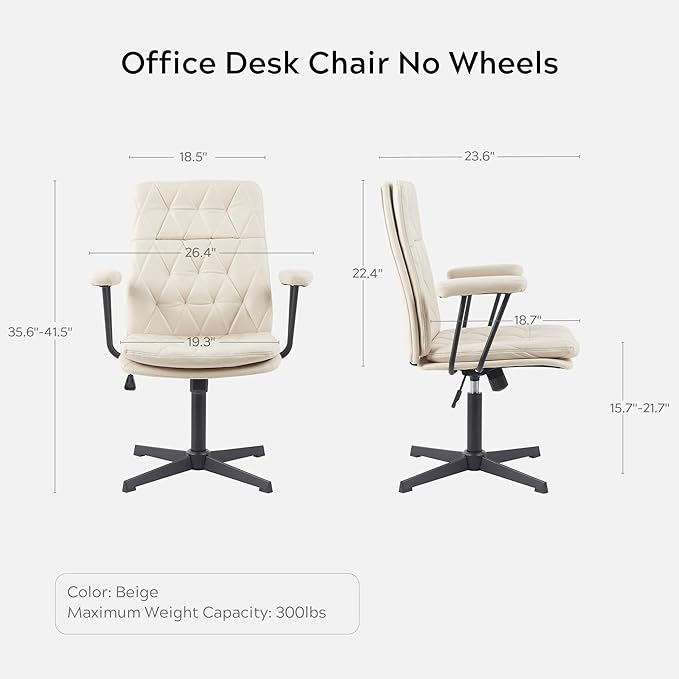 Desk Chair No Wheels with Arms Crossleg Stationary Ergonomic Soft Cushion Home Office Swivel Working Computer Chair Cream White