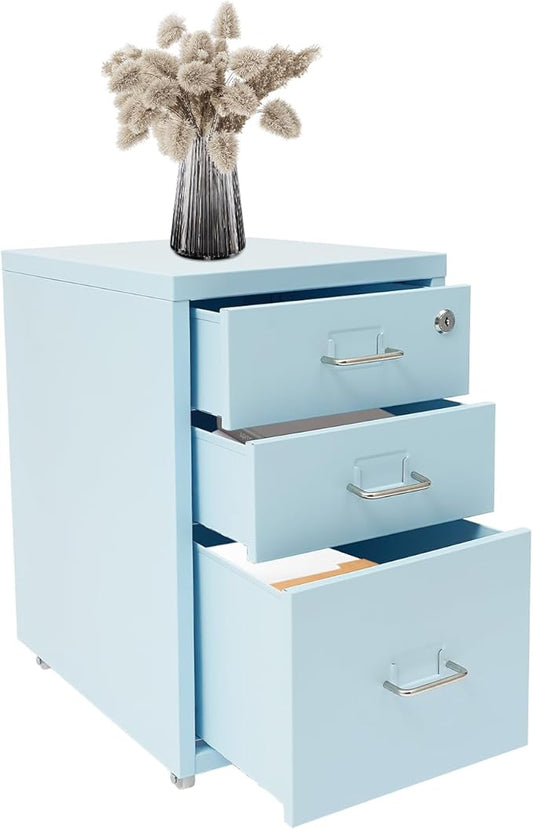 3 Drawers Rolling File Cabinet, Metal Filing Cabinets with Lock, 18.3 inch H Vertical Filing Cabinet Under Desk for Home Office, Heavy Duty Metal Storage Cabinet for A4/Letter/Legal Size File