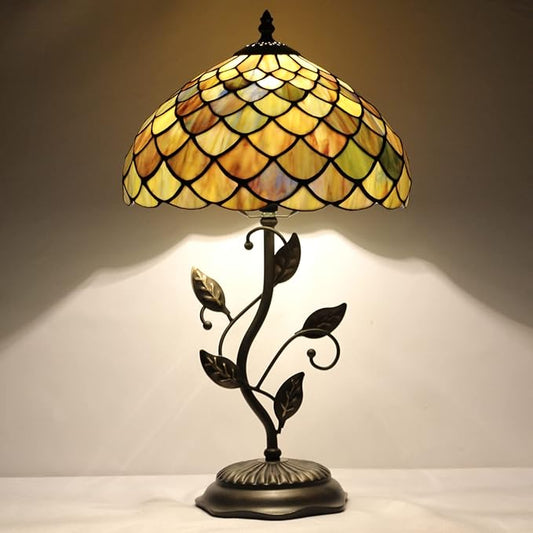 Tiffany Lamp Fish Scales Style Stained Glass Table Lamp Desk Bedside Reading Light 12X12X19 Inches with Metal Leaf Base Decor Bedroom Living Room