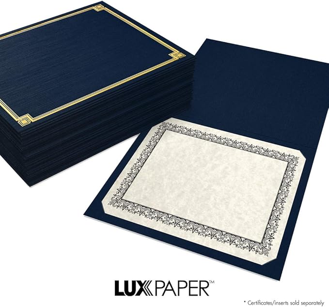 LUXPaper 9.5" x 12" Certificate Holders | Nautical Blue Linen | Embossed Gold Foil Border | 100lb. Cover | 25 Qty