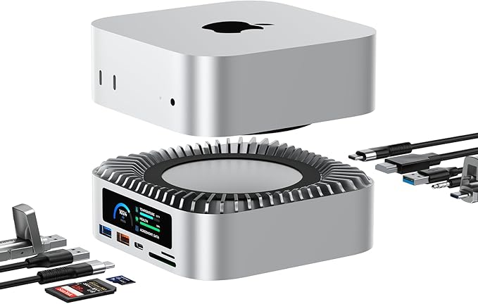 RayCue All-in-One Dock for Mac mini M4 with Smart Displays, NVMe/SATA SSD Enclosure, 4K60Hz HDMI, 10G USB-A/C, 5G USB-A*2, USB-C Charging, SD/TF, Audio – Mac mini M4 HUB &Docking Station(2024)
