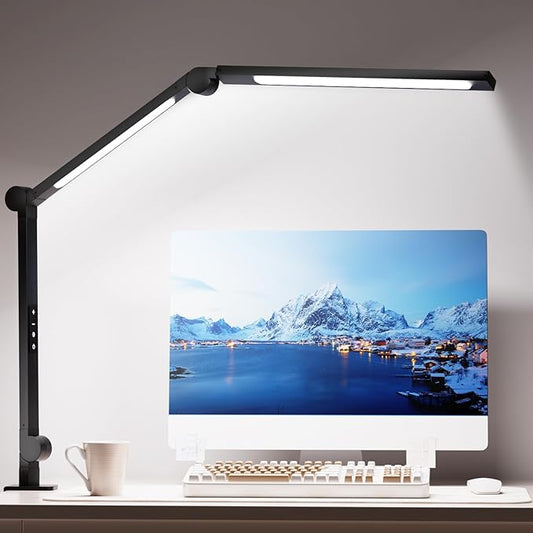 LED Desk Lamp with Clamp, Architect Desk Lamp with Dual Light & Adjustable Flexible Swing Arm, 5 Color Mode & Brightness, Eye Caring Table Light with Memory Function for Home Office Painting Drafting