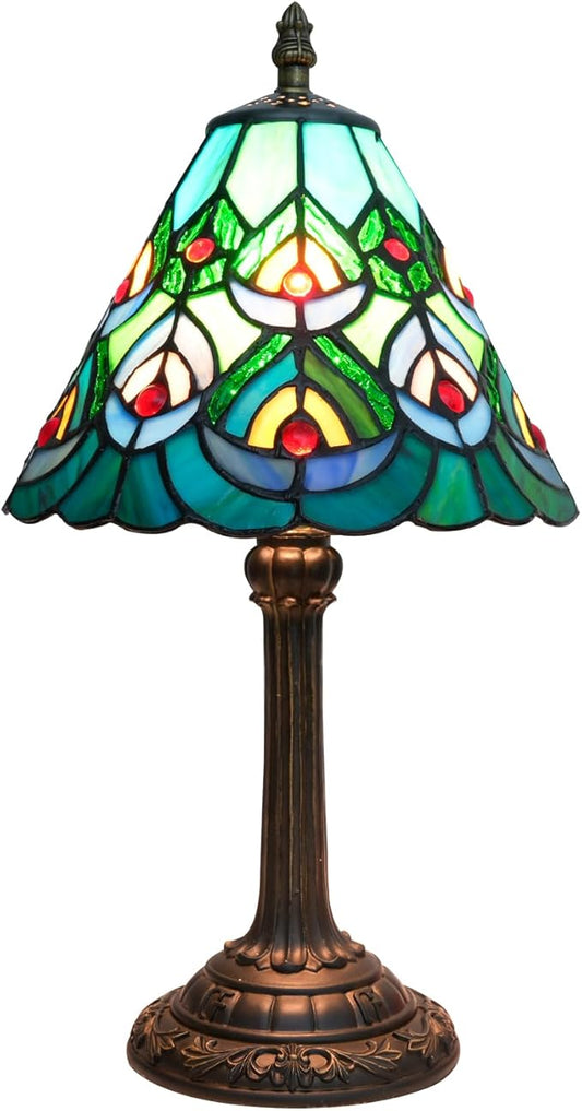 Green Peacock Decor Small Tiffany Style Table Lamp Antique Stained Glass Lamps Vintage Bedroom Bedside Reading Light Living Room Hotel Bar Kitchen Home Red Glass Bead Cute Accent Night Light 8 Inch