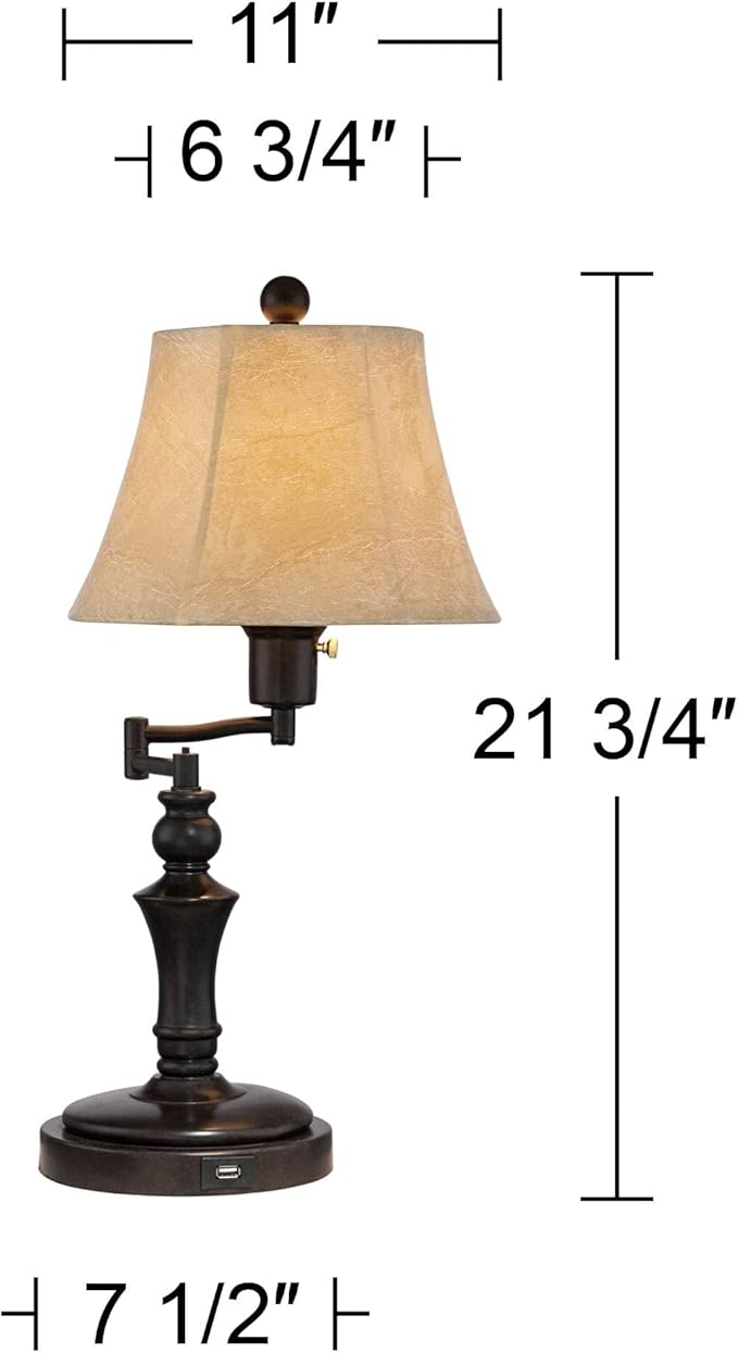 Regency Hill Corey Hill Traditional Rustic Natural Cottage Swing Arm Desk Table Lamps 21.75" High Set of 2 with USB Charging Port Bronze Metal Faux Leather Bell Shade for Living Room Bedroom
