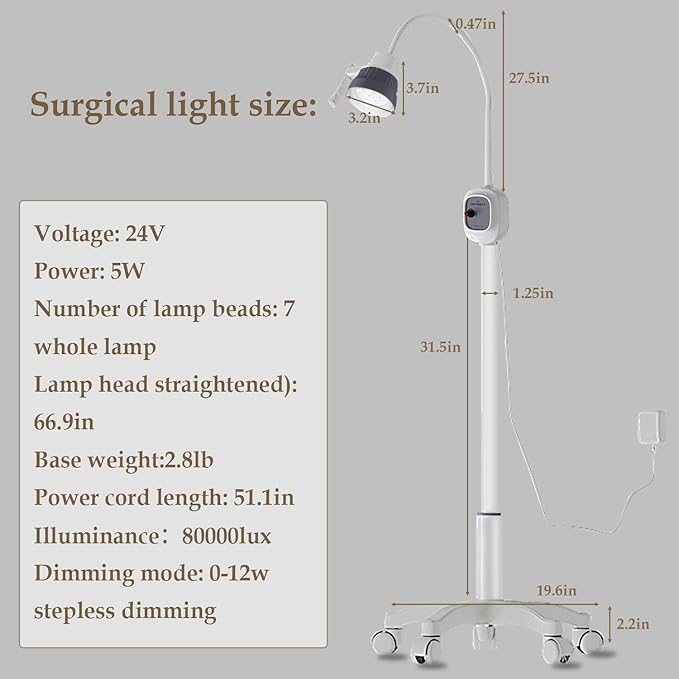 Surgical Examination Light Lamp 5W/12W Floor Stand Type Medical Exam Lamp, w/Universal Wheels Mobile Shadow Less Flexible Gooseneck LED Exam (12W Upgraded Inspection Light)