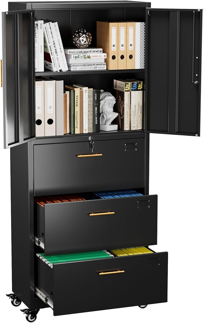 METAN Metal File Cabinet with 3 Drawers and 1 Shelves,Office Filing Cabinet on Wheels with Lock,Office Storage for Letter/Legal Size,Assembly Required,Black