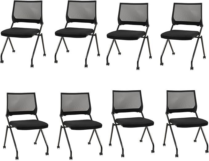 CLATINA Stackable & Foldable Waiting Room Chairs, Conference Room Chairs with Wheels & Lumbar Support, Ergonomic Mesh Bouncing Back Folding Chair for Office Meeting Schools Training, Black, 8PK