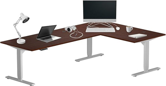 Progressive Desk Stand Up Height Adjustable Standing Desk - L Shaped 83" x 55" Corner Computer Rising Workstation Electric Table - Gray Frame, Dark Cherry Top