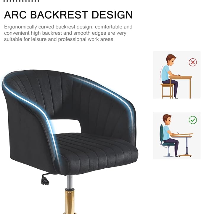 Nrizc Velvet Office Desk Chair, Upholstered Home Office Desk Chairs with Adjustable Swivel Wheels, Ergonomic Office Chair for Living Room, Bedroom, Office, Vanity Study (Black)