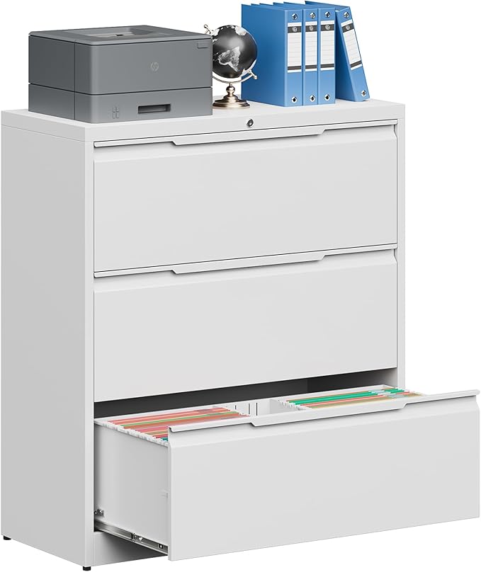 Coolsun Lateral File Cabinet, 3 Drawer File Cabinet with Lock, Wide Filing Cabinet for Home Office, Metal Locking Cabinet for Hanging A4/F4/Letter/Legal, Assembly Required (White, 3 Drawer)