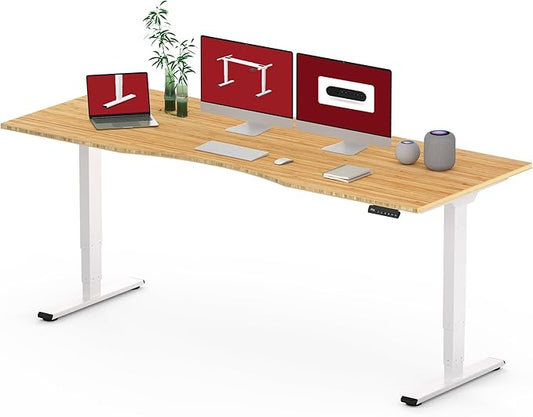 Standing Desk 3 Stages Dual Motor 78 inch Whole-Piece Real Bamboo Desktop Height Adjustable Desk for Home Office Stand Up (White Frame/ 78" Curved Natural Bamboo Top)