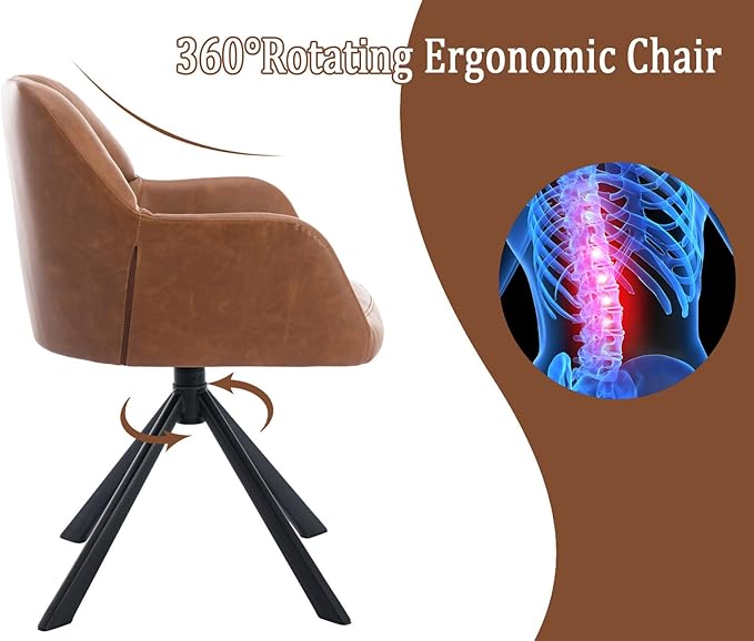 EALSON Comfy Leather Desk Chair Modern Computer Task Chair no Wheels Swivel Accent Chair with Mid Back Arm Chair for Living Room/Bedroom/Home Office, PU Brown