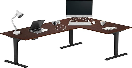 Progressive Desk Stand Up Height Adjustable Standing Desk - L Shaped 83" x 55" Corner Computer Rising Workstation Electric Table - Dark Cherry, Black Frame