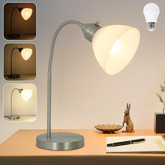 LED Desk Lamp for Home Office, 3 Levels Dimmable Reading Light, Flexible Gooseneck Table Lamp for Bedside Office, Rotary Switch Control, Desk Lamp for College Dorm Study Lamp, Bulb Included, Sliver