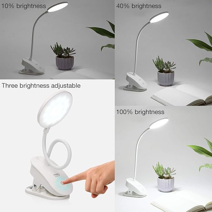 Miady Clip on Lamp,Battery Powered Reading Light,Clamp for Bed with 3 Brightness Level,USB Rechargeable(1 Pack)
