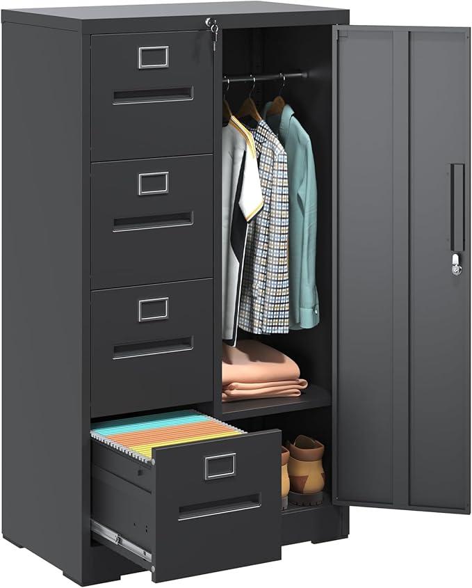 4 Drawer Metal File Cabinet with Lock and 1 Door, Steel Vertical Filing Cabinets for Home Office, Metal Storage Cabinet for Hanging Legal/Letter Size Files, Assembly Required (Black)