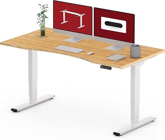 SANODESK 55 Inch 3 Stage Bamboo Electric Standing Desk, Dual Motor Height Adjustable Desk, Stable and Durable Sit to Stand Home Office Desk (White Frame/ 55” x 28” Curved Natural Bamboo Top)