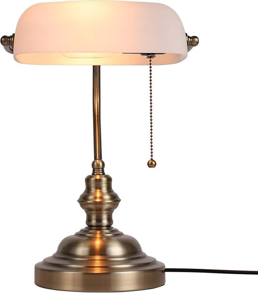 Newrays White Matted Glass Bankers Desk Lamp with Pull Chain Switch Plug in Fixture