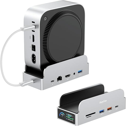RayCue SmartDock Pro for Mac mini M4 Dock Stand with M.2 NVMe SSD Enclosure, 4K 60Hz HDMI, 10Gbps USB-C/A, Gigabit Ethernet, SD/TF Card Readers – Space-Saving Vertical Hub Compatible with Mac mini