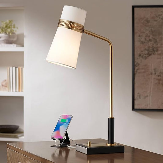 Possini Euro Design Cartwright Mid Century Modern Desk Table Lamp with USB Port 32" Tall Antique Brass Metal Linen Shade Decor for Living Room Bedroom House Bedside Nightstand Home Office Reading