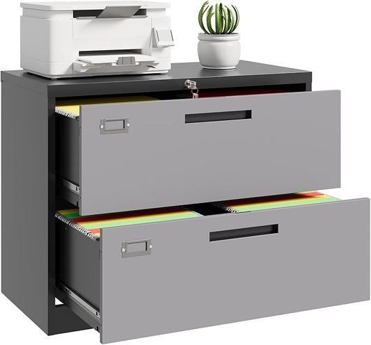 Lateral File Cabinet, Metal Filing Cabinet with Lock, 2 Drawer File Cabinets for Home Office, Office Cabinet for Hanging Files Letter/Legal/F4/A4, Assembly Required, Black Grey