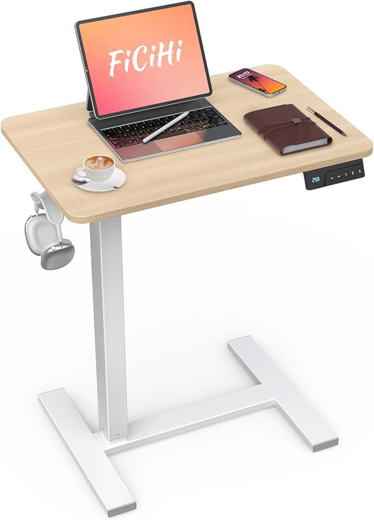 FiCiHi Small Electric Standing Desk - Adjustable Height Bedside Laptop Table with Wheels, Mobile, Portable Rolling Computer Workstation Sit Stand Table for Home Office, Sofa, Couch Use(28x16,Maple)