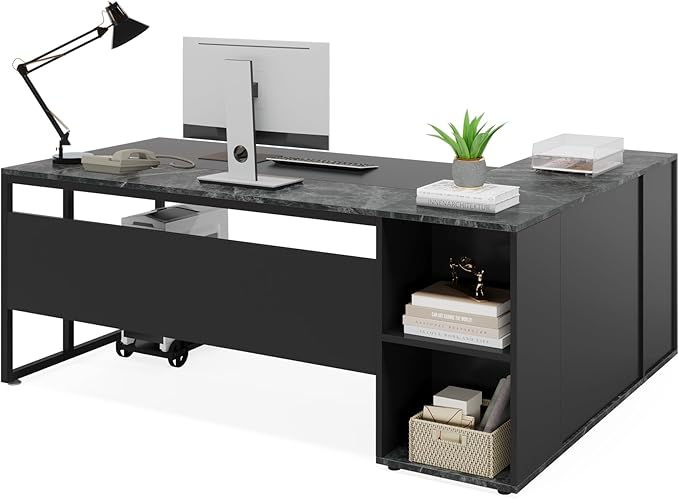 Tribesigns 71 inch Executive Desk, L Shaped Desk with Cabinet Storage, Executive Office Desk with Shelves, Business Furniture Set Workstation for Home Office, Black